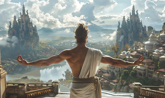 View of man practicing mindfulness and yoga in a fantasy setting