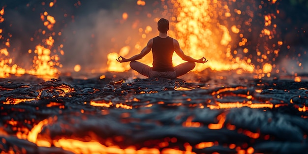 View of man practicing mindfulness and yoga in a fantasy setting