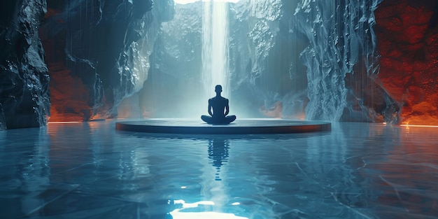 Free photo view of man practicing mindfulness and yoga in a fantasy setting