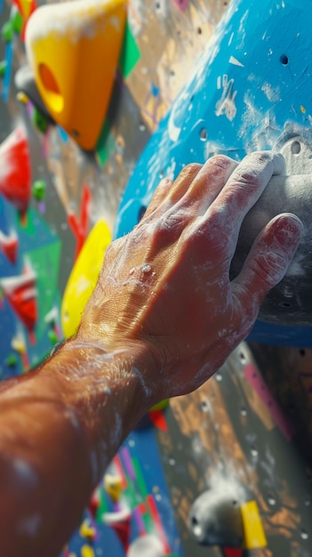 View of man practicing rock climbing on bouldering wall