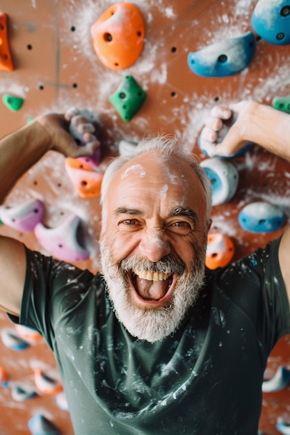 View of man practicing rock climbing on bouldering wall