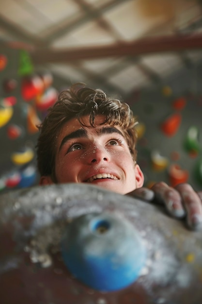 View of man practicing rock climbing on bouldering wall