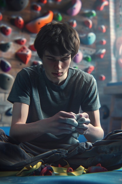 View of man practicing rock climbing on bouldering wall