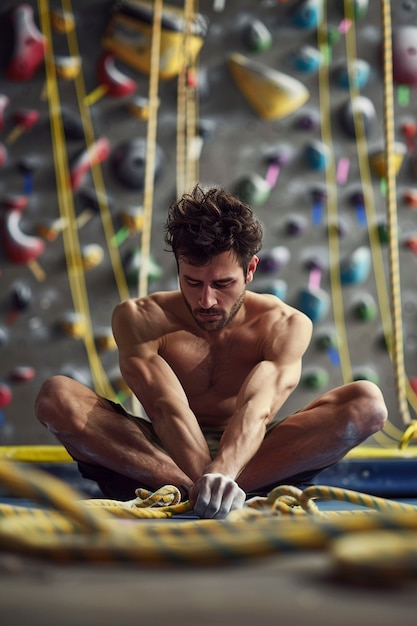 View of man practicing rock climbing on bouldering wall