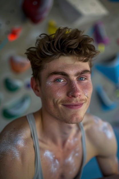 View of man practicing rock climbing on bouldering wall