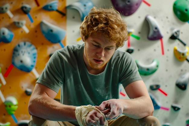 Free Photo view of man practicing rock climbing on bouldering wall