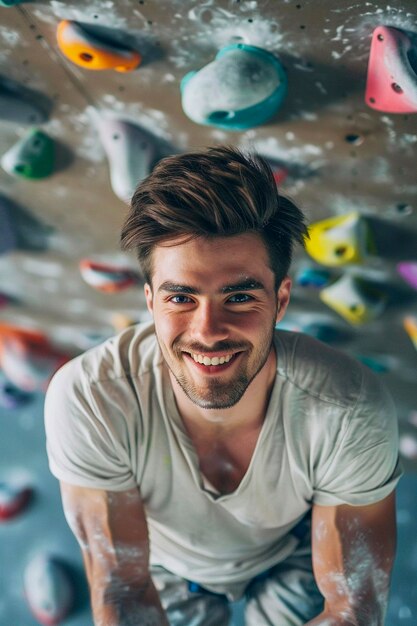 View of man practicing rock climbing on bouldering wall