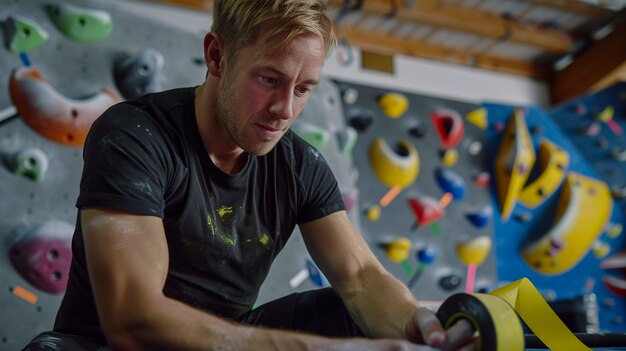 View of man practicing rock climbing on bouldering wall