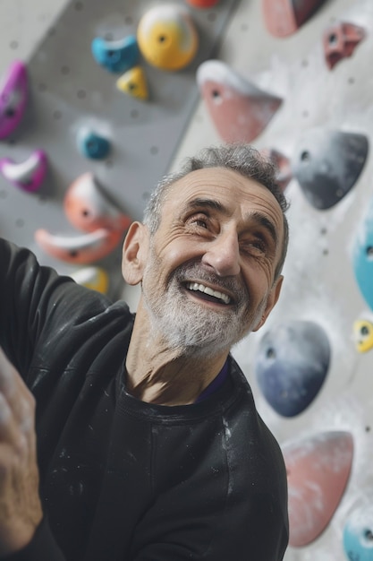 Free photo view of man practicing rock climbing on bouldering wall