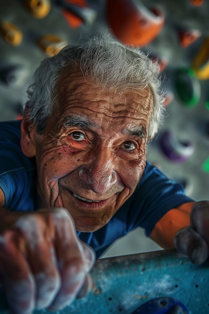 View of man practicing rock climbing on bouldering wall