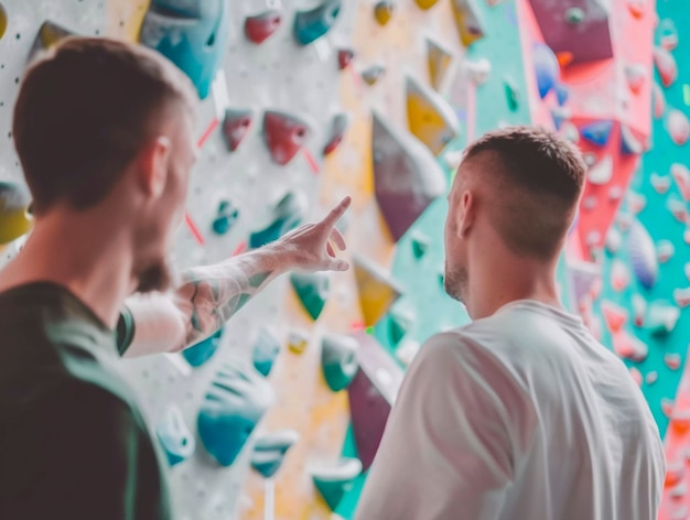 View of man practicing rock climbing on bouldering wall