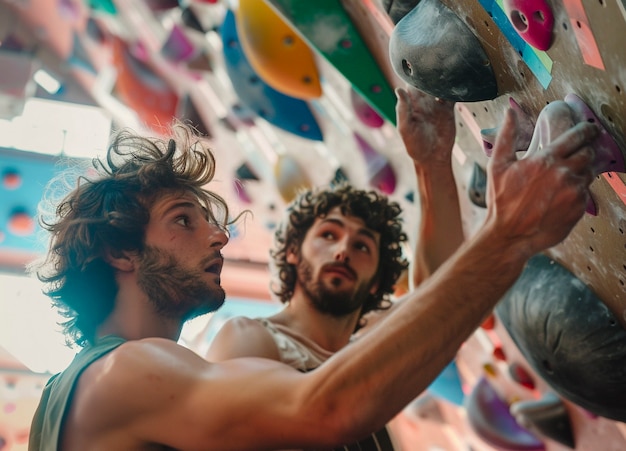 View of man practicing rock climbing on bouldering wall