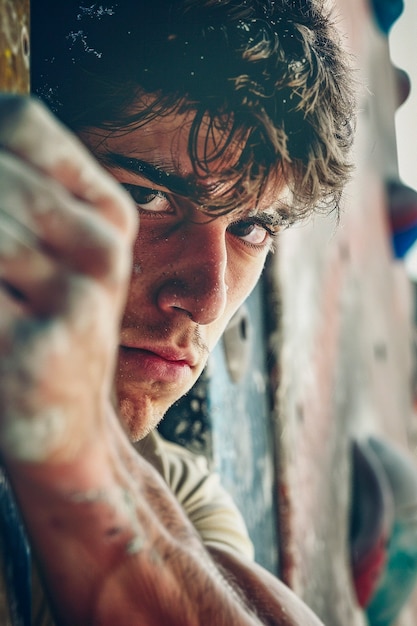 View of man practicing rock climbing on bouldering wall