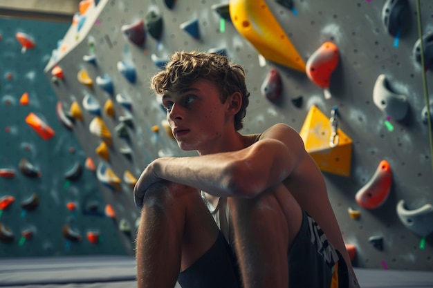 Free photo view of man practicing rock climbing on bouldering wall