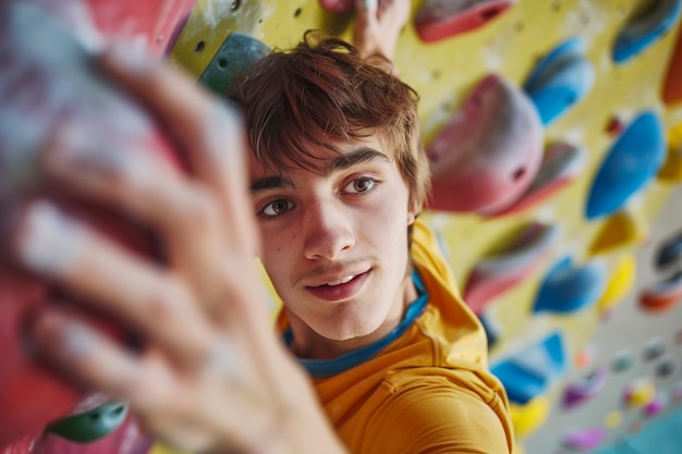 Free photo view of man practicing rock climbing on bouldering wall