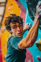 Free photo view of man practicing rock climbing on bouldering wall