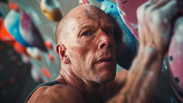 View of man practicing rock climbing on bouldering wall