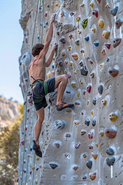 View of man practicing rock climbing on bouldering wall