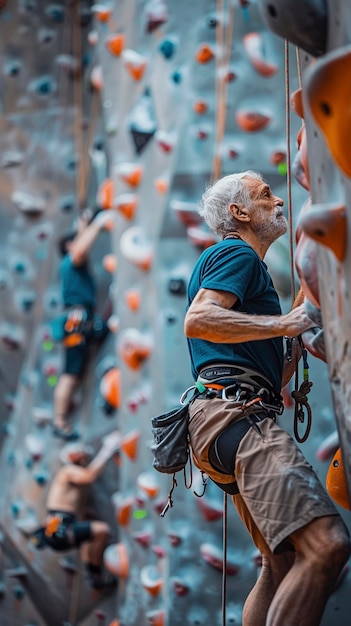 View of man practicing rock climbing on bouldering wall