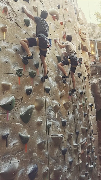 View of man practicing rock climbing on bouldering wall