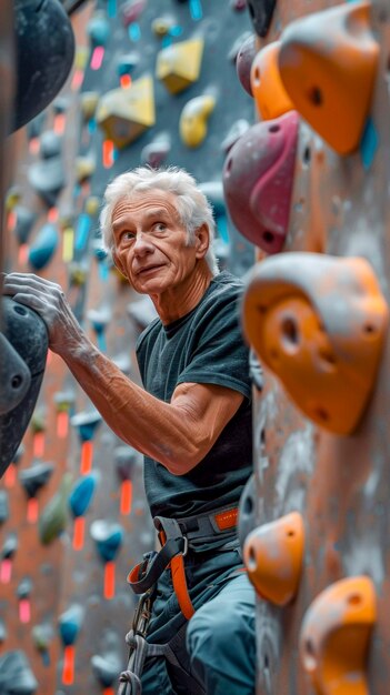 View of man practicing rock climbing on bouldering wall