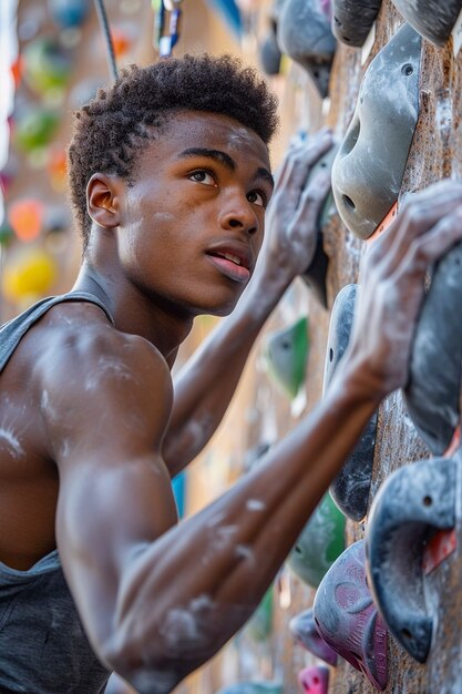 View of man practicing rock climbing on bouldering wall