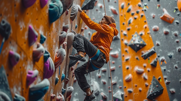 View of man practicing rock climbing on bouldering wall