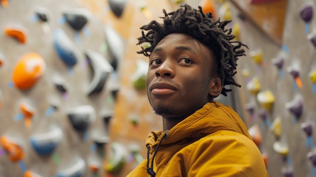 View of man practicing rock climbing on bouldering wall