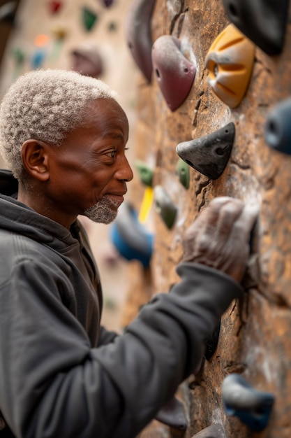 View of man practicing rock climbing on bouldering wall