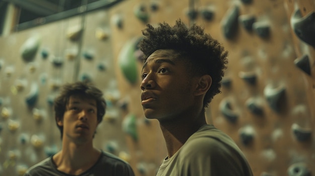 View of man practicing rock climbing on bouldering wall