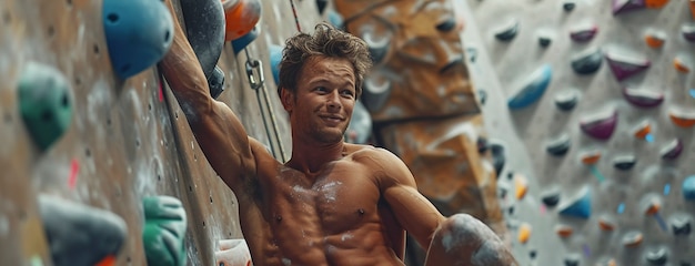 View of man practicing rock climbing on bouldering wall