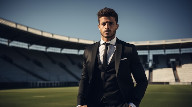 Free photo view of man in suit on the soccer field