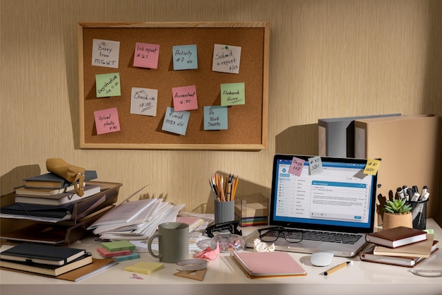 Free Photo view of messy office workspace with laptop device