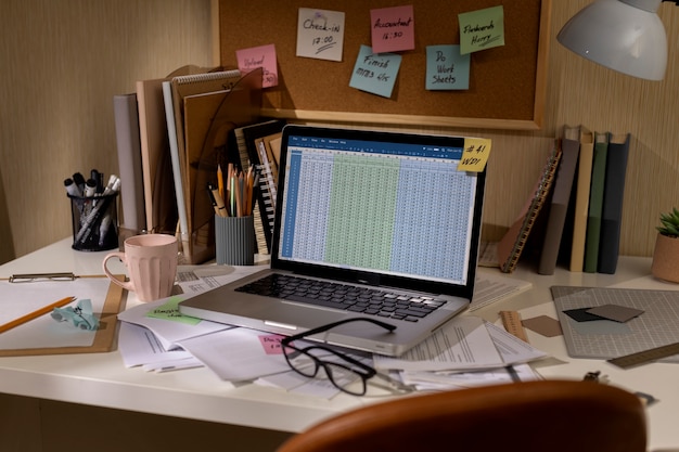 Free photo view of messy office workspace with laptop device