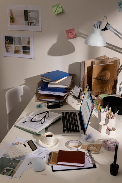 Free Photo view of messy office workspace with laptop