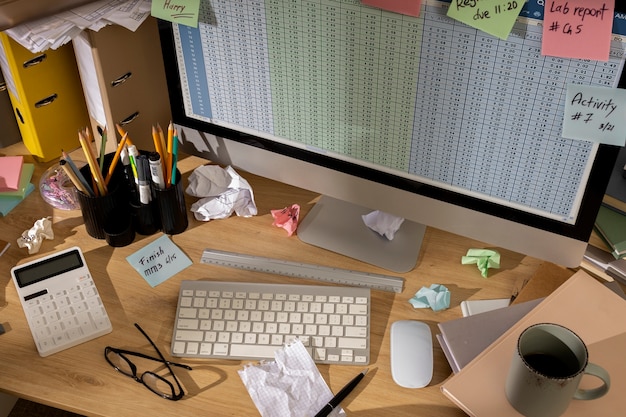 Free Photo view of messy office workspace with personal computer