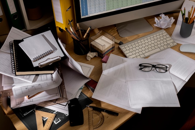 Free Photo view of messy office workspace with personal computer