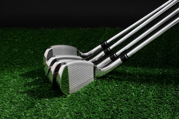 View of metallic golf clubs