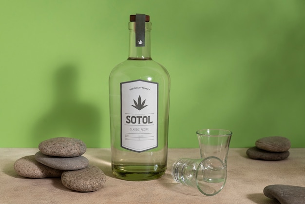 Free photo view of mexican sotol drink with glass bottle