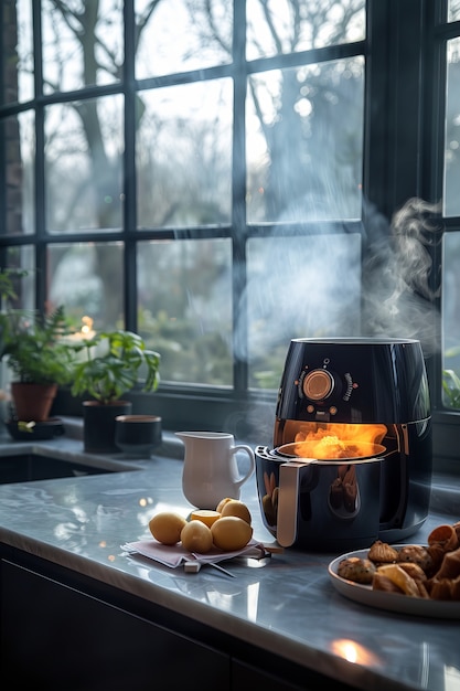 Free photo view of modern air fryer with food