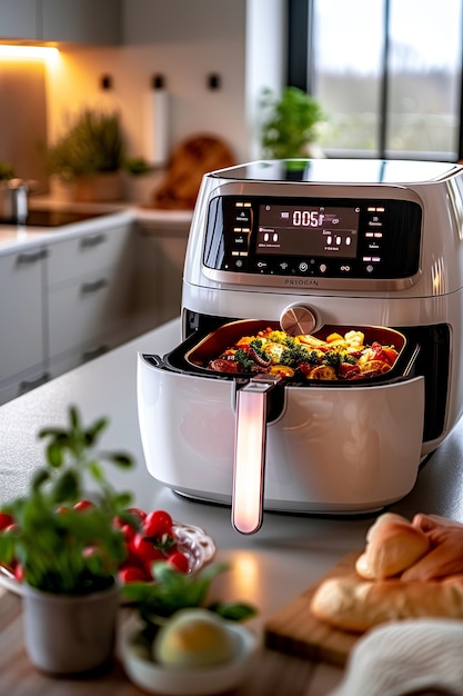 View of modern air fryer with food