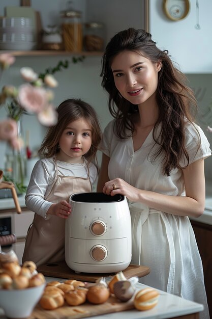 View of modern air fryer with food