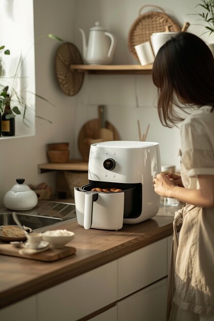 View of modern air fryer with food