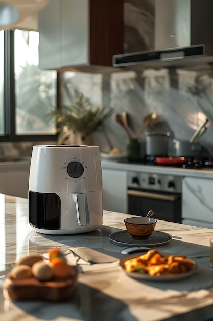 View of modern air fryer with food