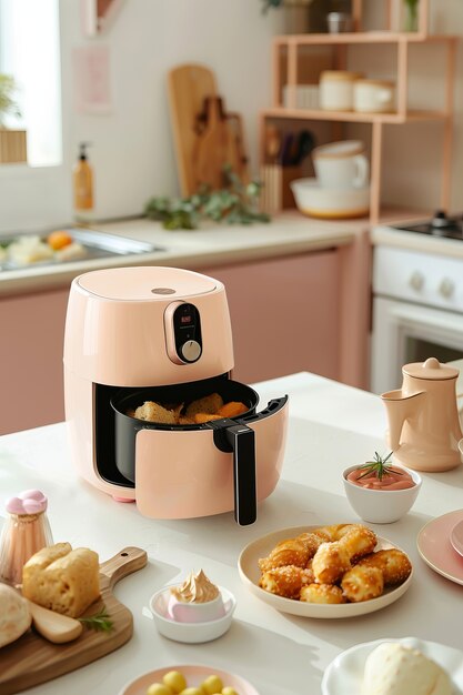 View of modern air fryer with food