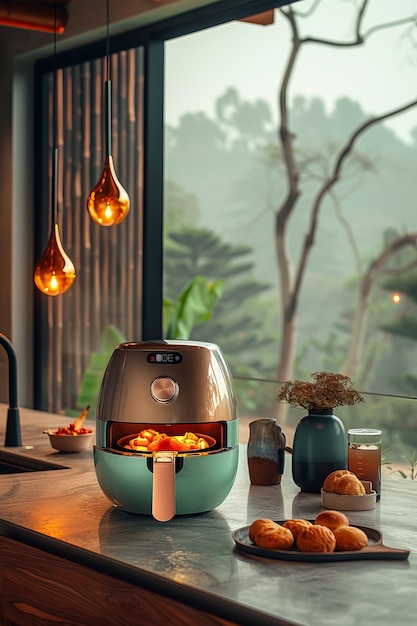 View of modern air fryer with food