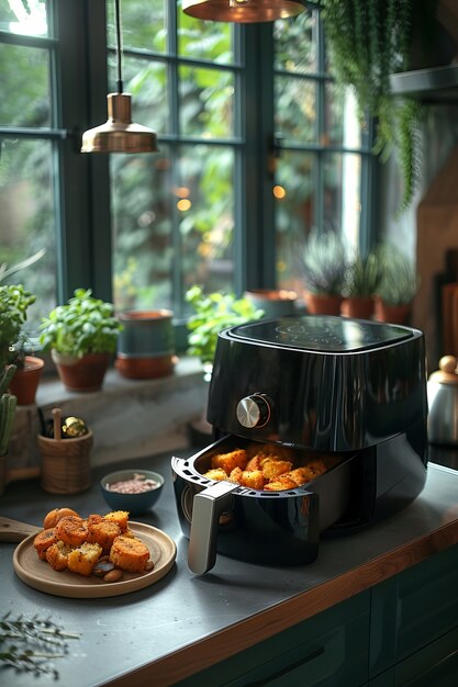 View of modern air fryer with food