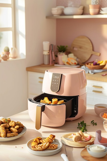 View of modern air fryer with food