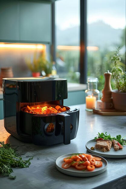 View of modern air fryer with food