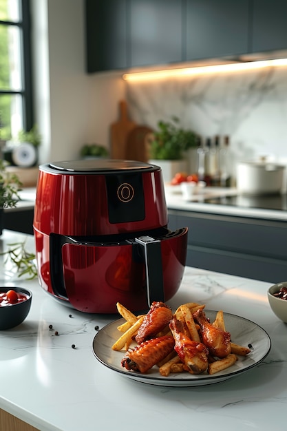 View of modern air fryer with food